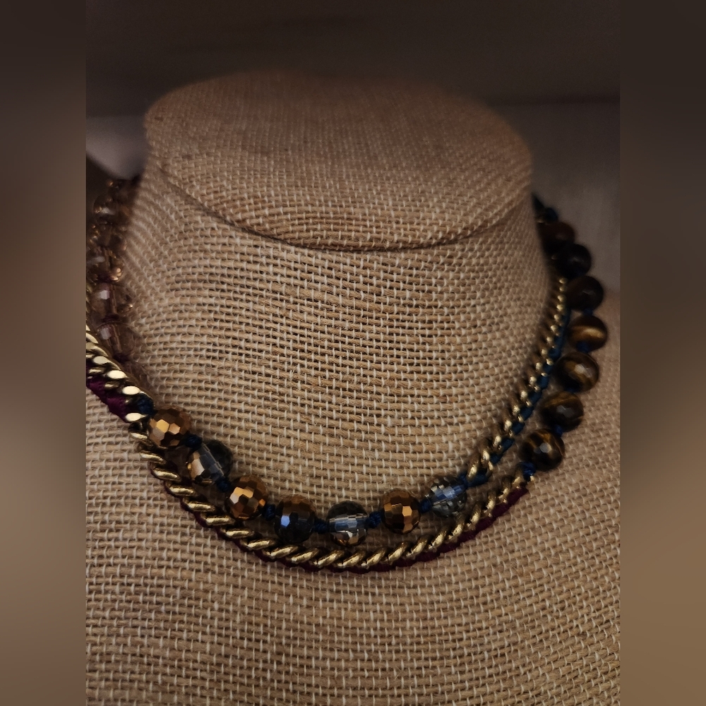 Gold and Brown Chain Necklace with Beaded Accents